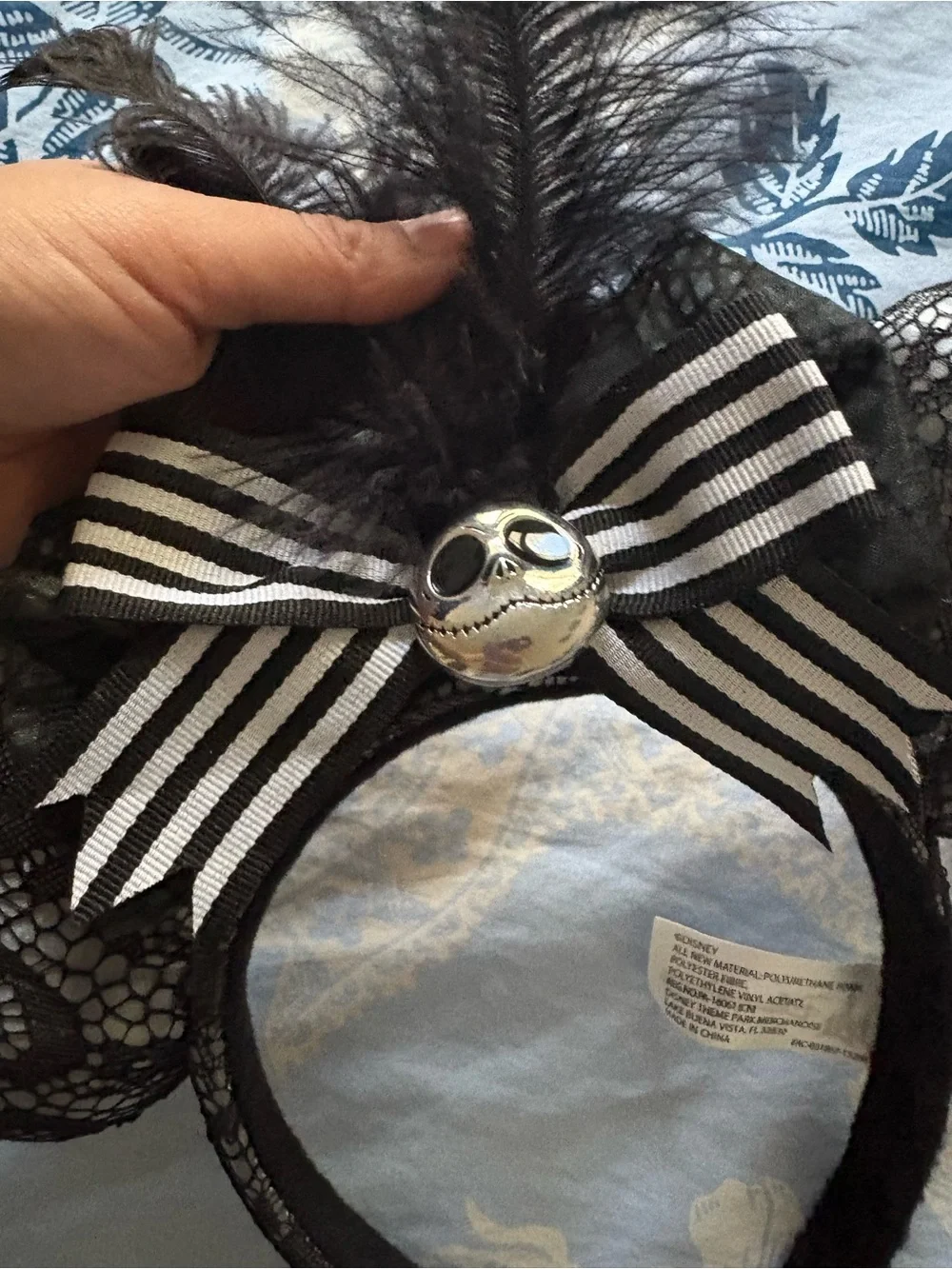 Black Lace Halloween Jack Skeleton Minnie Ears with Striped Bow & Feathers - Picture 4 of 5
